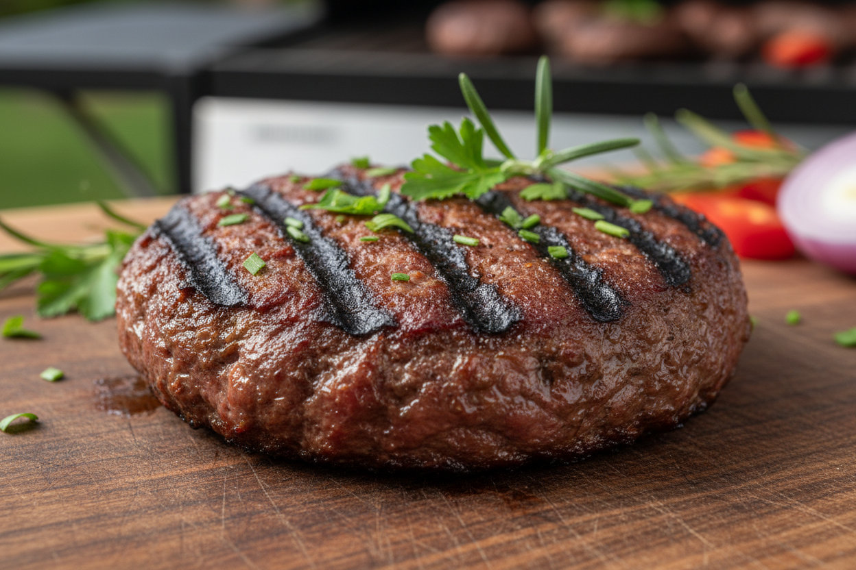 Grilled beef patty with parallel grill marks