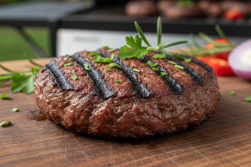 Grilled beef patty with parallel grill marks